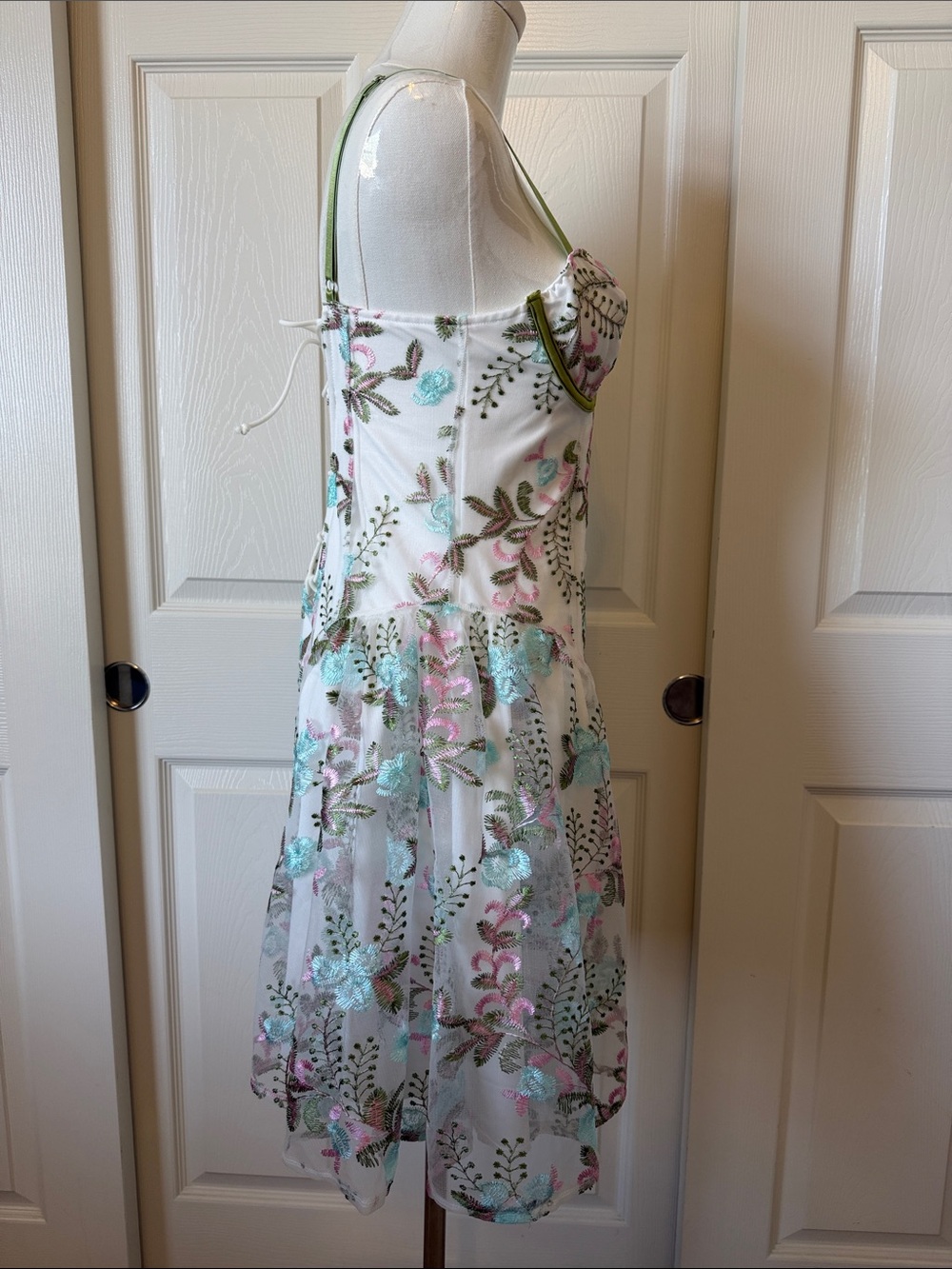 White Floral Embroidered Sundress with Green Trim - Picture 2 of 7